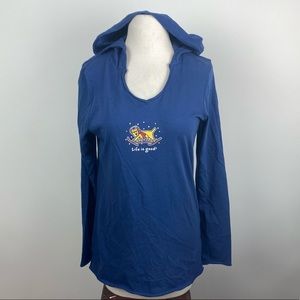 LIFE IS GOOD Women's Hooded Long Sleeve Tee Rocket Dog Snowshoe Blue Small - NWT